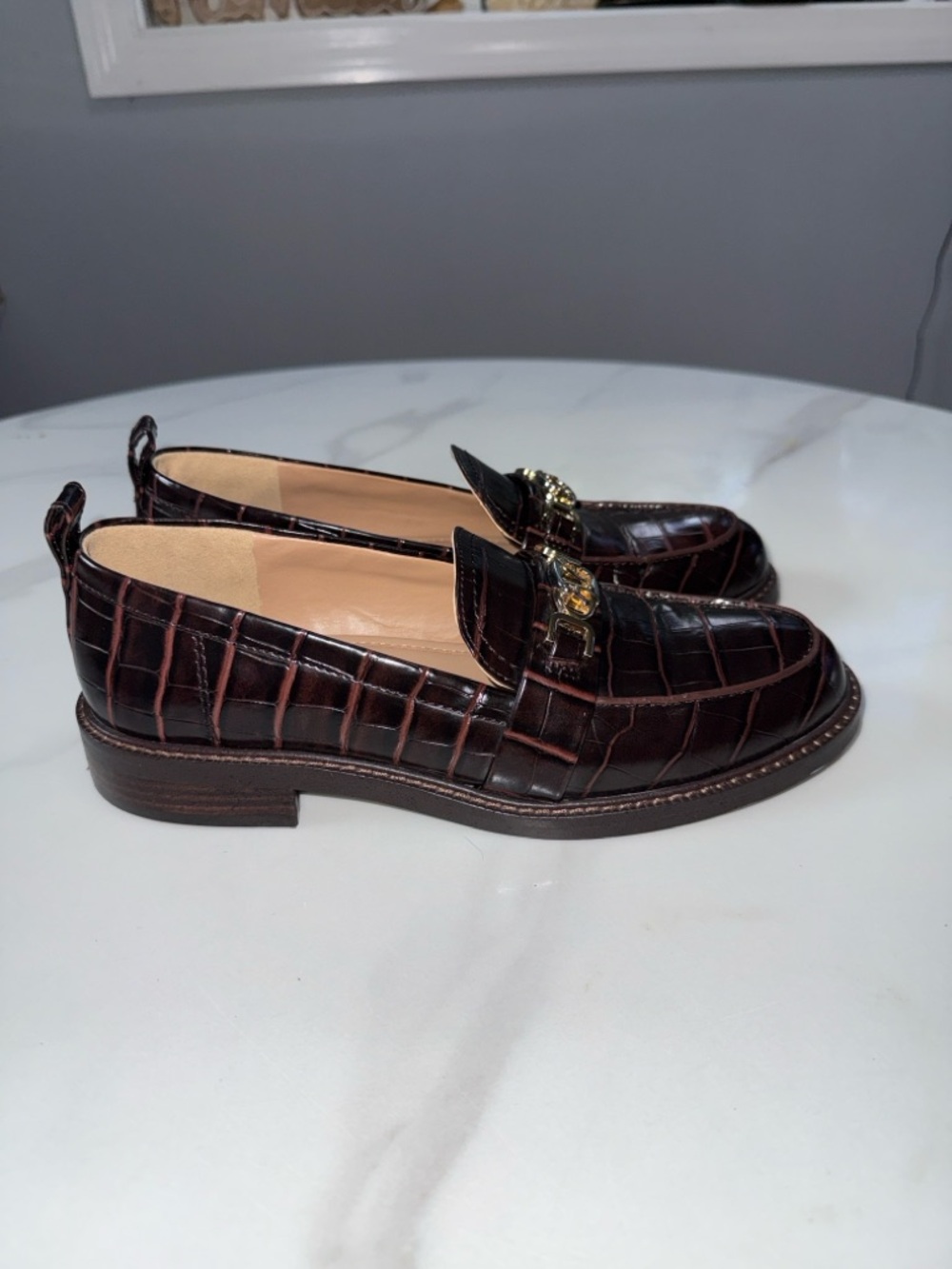 Sam Edelman Dark Brown Croc-Embossed Leather Loafers with Gold Hardware - Picture 4 of 8